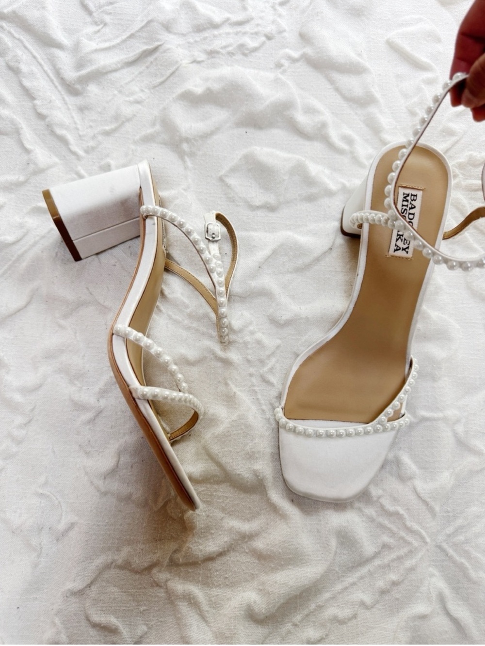 Badgley Mischka Giabella Pearl-Embellished Satin Sandals Size 8